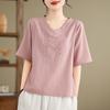 New Season Women's V-Neck Linen T-Shirt with Symmetrical Chinese Embroidery