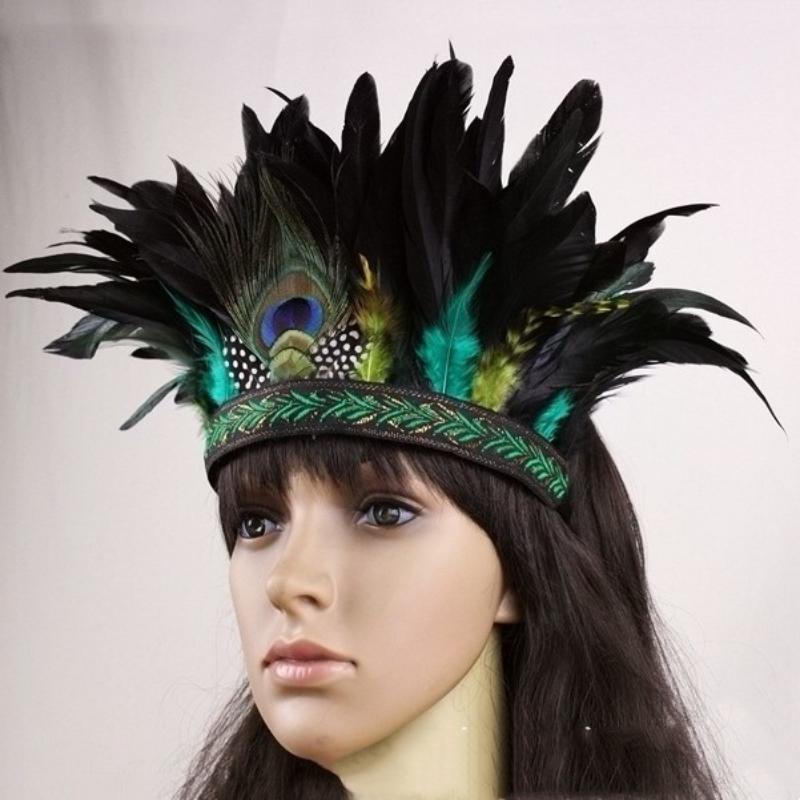 Feather Crown Headbands With Strap Decorative Headdress Indian Crown Hair Band Halloween Cosplay Headwear