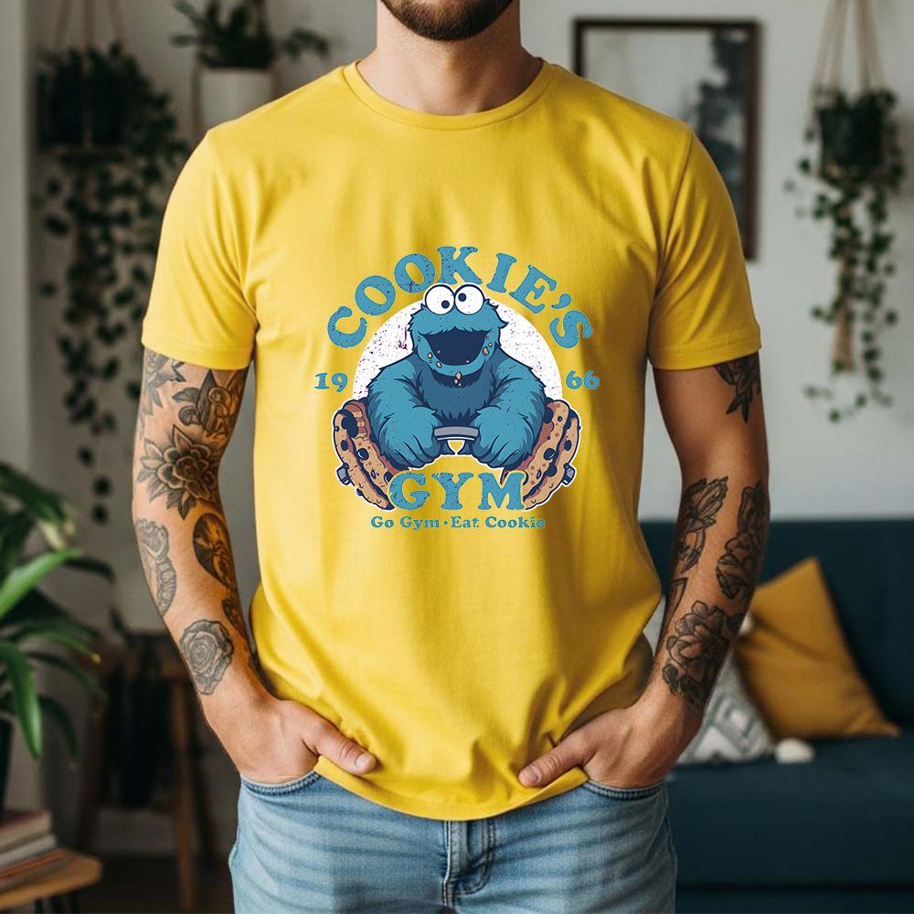 2026 Summer 100 Cotton CookieS Gym Graphic Oversized Tee Cookie Monster 1966 Retro Funny Cartoon Themed Short Sleeve