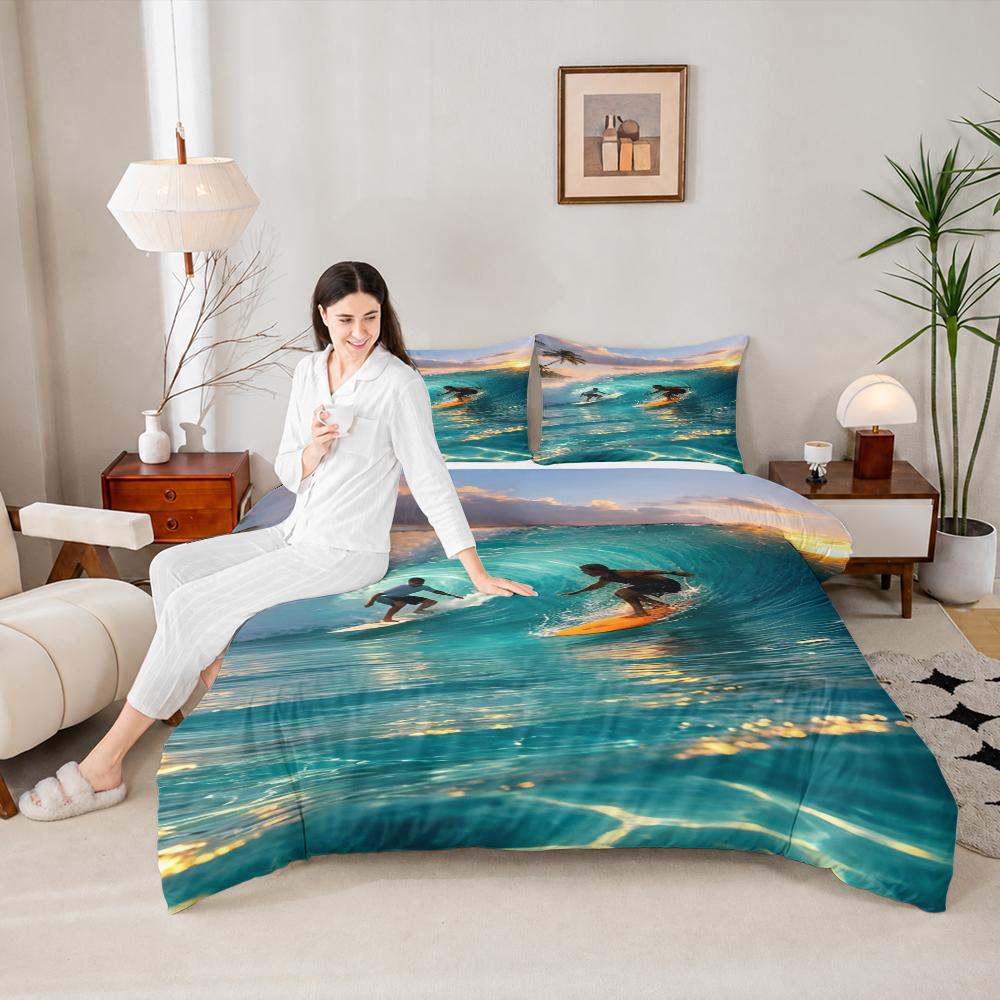 Tropical Sunset Surfing Wave Duvet Cover Set with Two Pillowcases for Kids Bedroom Bedding