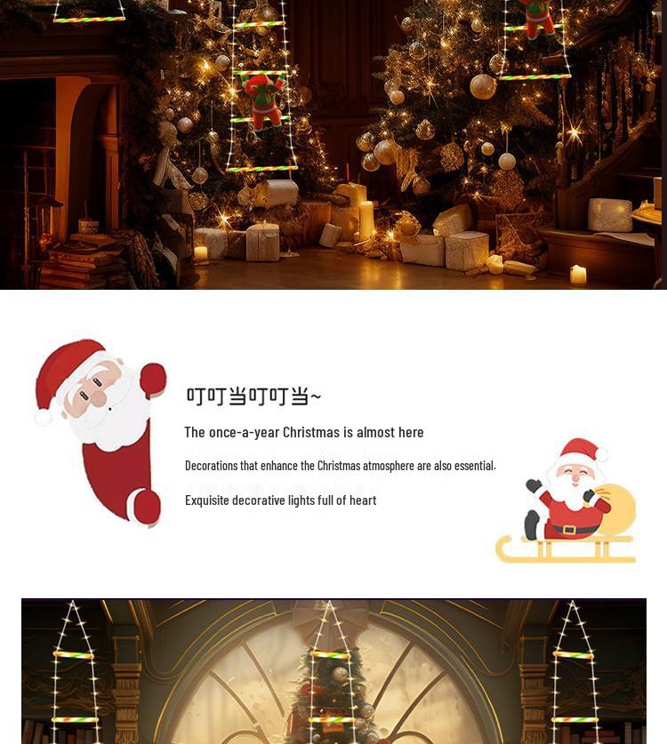 Santa Claus lezoucí po žebříku Dekorace na vánoční stromek a okno Světla