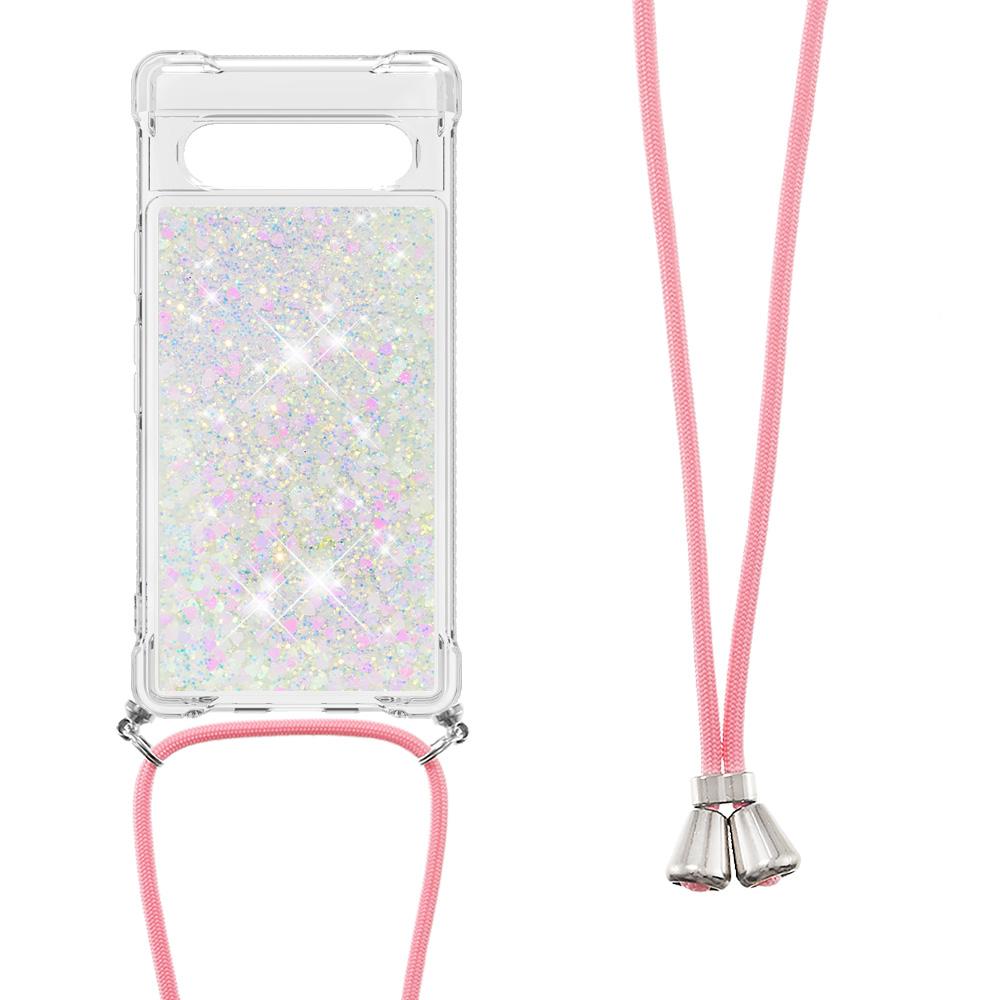 

For Google Pixel 7a 5G TPU Case Quicksand Design Phone Cover with Lanyard Laser/Hearts