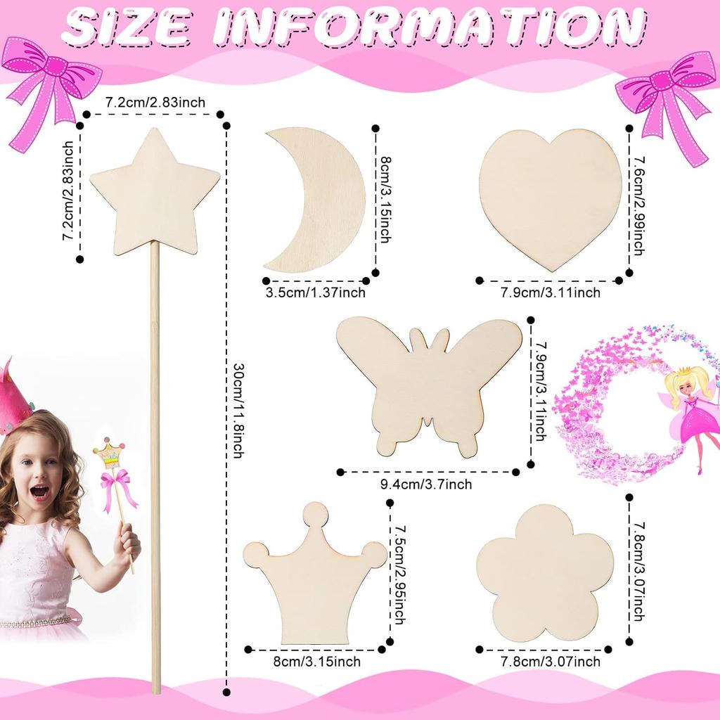 42 Pcs Princess Fairy Wands Kit, Include 36 Pcs Wooden Unfinished Wand DIY Princess Wand with 6 Sheet Colorful Diamond Sticker for Girls Make Your