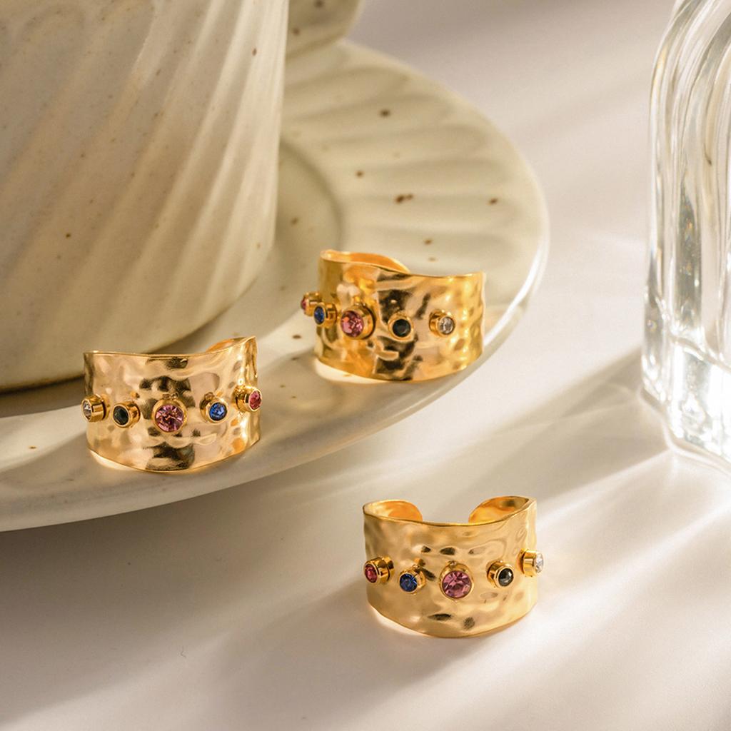 Youthway Colorful Cubic Zircon Stone Crystal Wide Band Jewelry Women Stainless Steel Waterproof  Gold Plated Statement Rings