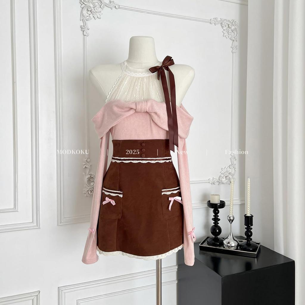 Neat and Clean Dress for Sexy Lace and Ribbon Mini Sweater with Knit and Tight Perfect for Mori French and Gal Long and Pink and Size L [MODKOKU]