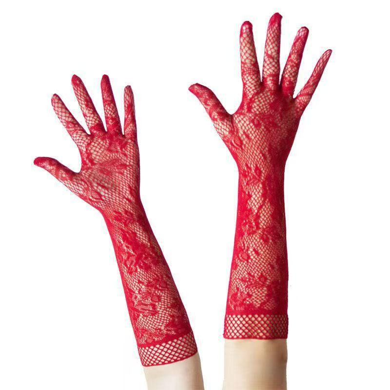 

Dark Night Rose Black lace court-style gloves, vintage high-end wedding photo prop Red S1