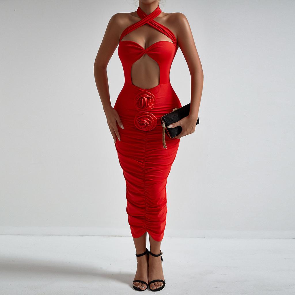 Fashion Flower Cross Neck Hollow Sexy Chest Dress European and American Temperament Holiday Style Pleated Hip Skirt Women