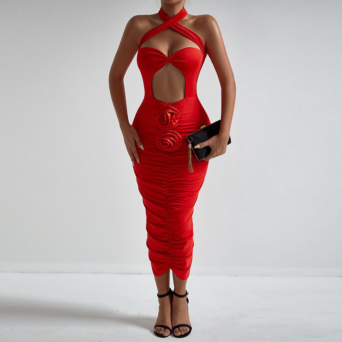 

Fashion flower cross neck hollow sexy chest dress European and American temperament holiday style pleated hip skirt women S красный