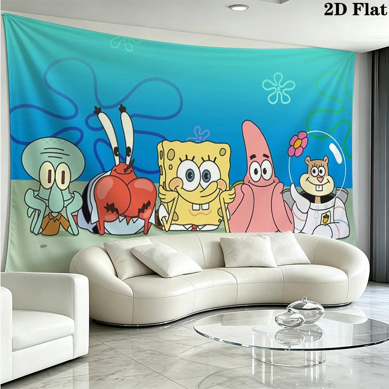 Cartoon Spongebob Wall Tapestry Aesthetic Wall Hanging Printed Fabric Blanket Decorative Tapestries for Bedroom Living Room Home Decor