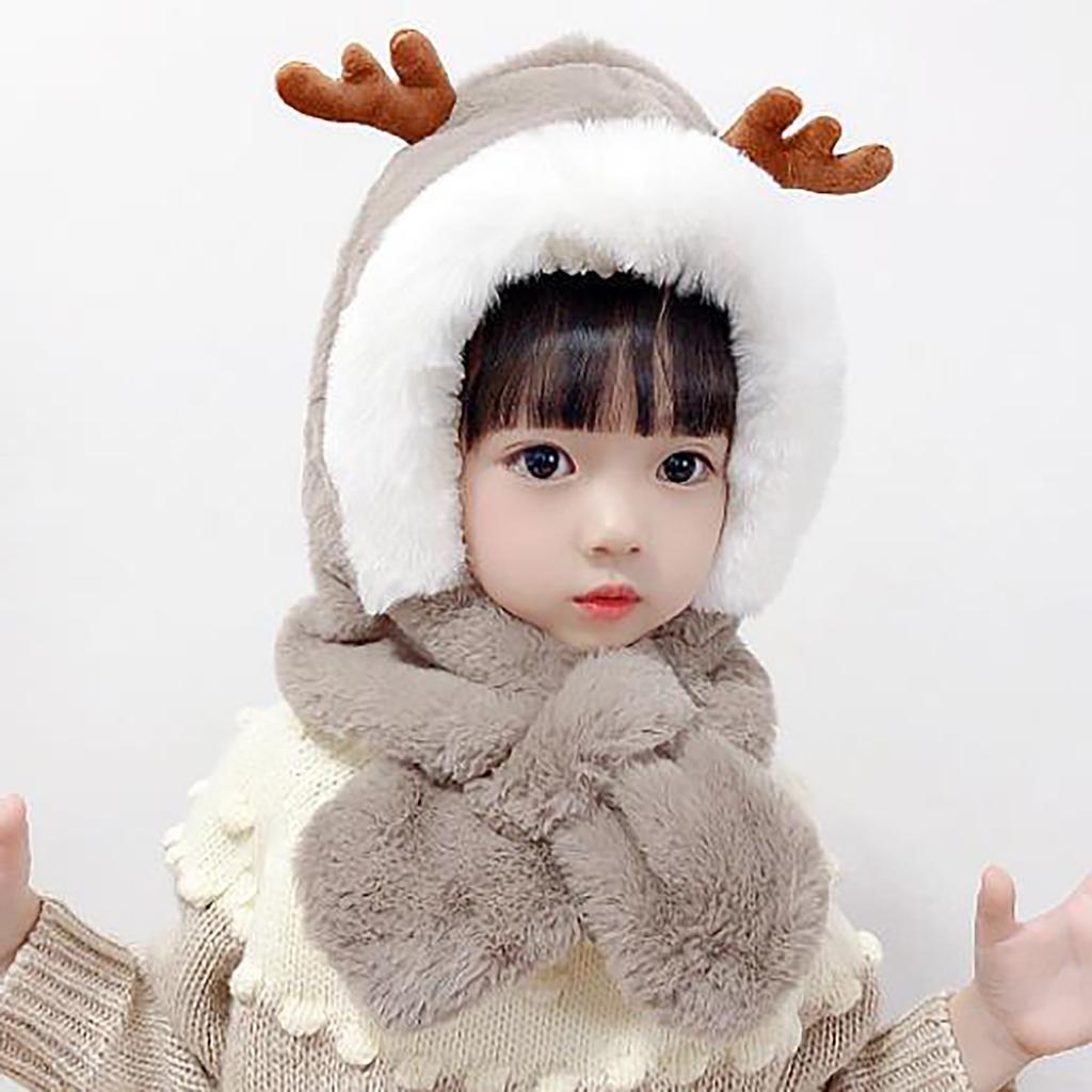 Winter Children's Hat And Scarf One Thickened Warm Plush Cute Baby Antler Ear  Hat