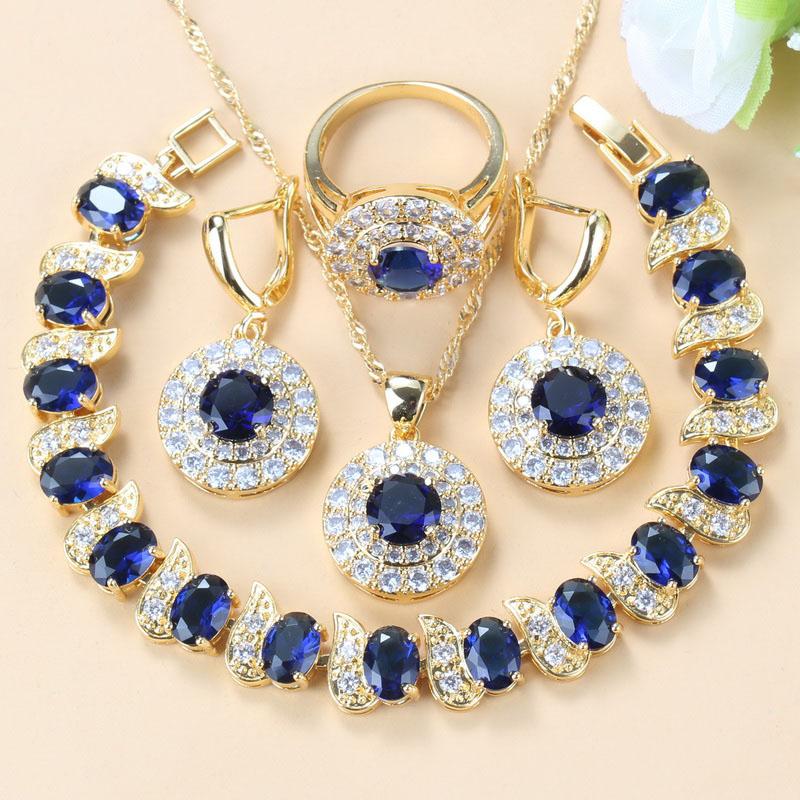 Simple Round Bridal Four-Piece Suit White Zircon Crystal Gold Color Women Jewelry Sets Dangle Earrings/Bracelet/Ring 6-Colors