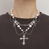 Victorian Gothic Cross Rosary Necklace With Chain Charm Handmade Sacred Pearl Beaded Necklace Layered Necklace