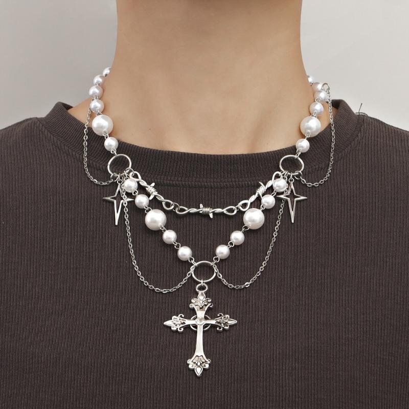 Victorian Gothic Cross Rosary Necklace With Chain Charm Handmade Sacred Pearl Beaded Necklace Layered Necklace