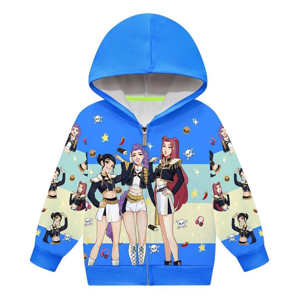 Kids Girls POP Singer Rumi Zoey Mira Printed Casual Hooded Zipper Long Sleeves Jacket Coat