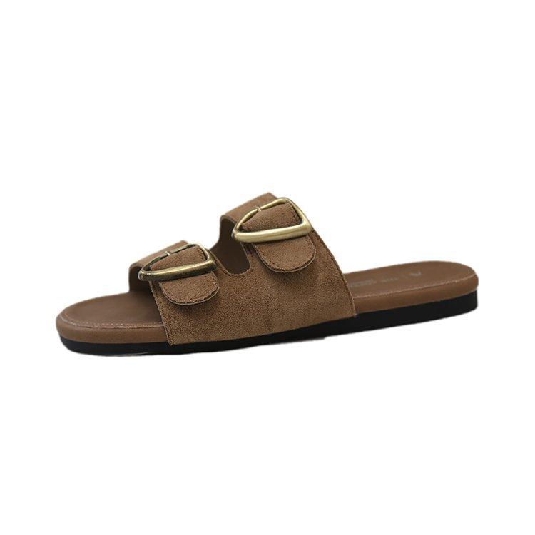 2025 Summer New Flat-bottomed Boken Slippers Women's Outer Wear Belt Buckle Flat-bottomed One-word Drag Soft-bottomed Casual Sandals