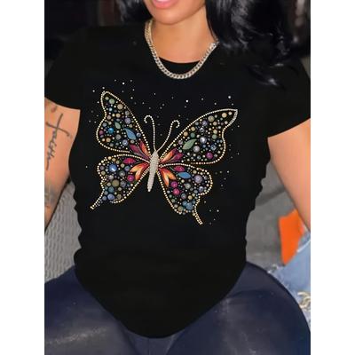 Europäische Größe Damen Schmetterlingsdruck Rundhals T-Shirt Kurze Ärmel Lässiges Oberteil Frühling Sommer Kleidung