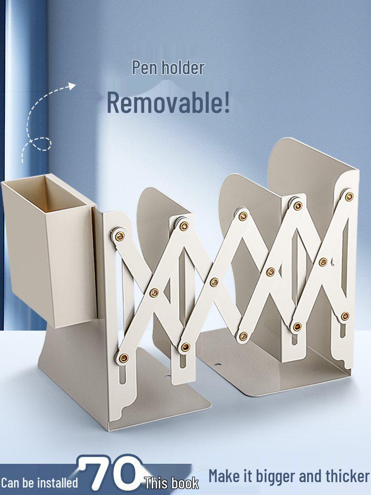 Retractable Desktop Bookend with Pen Holder and Storage Rack Large/Ivory White