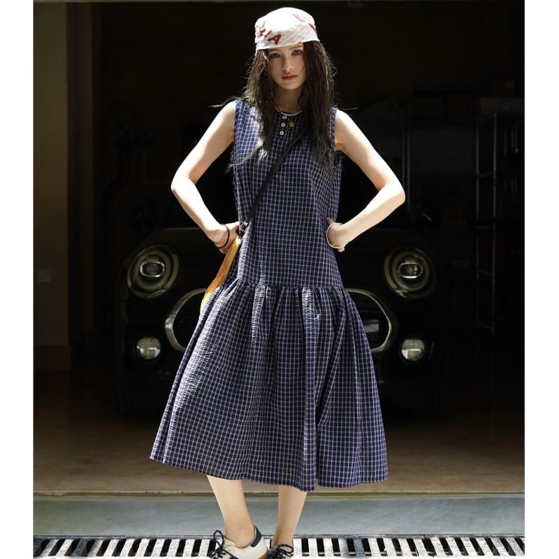 Johnature Sommer Koreanisch Retro Karo Ärmelloses Kleid Lässig Japanisch Locker Damen Pullover Kleider