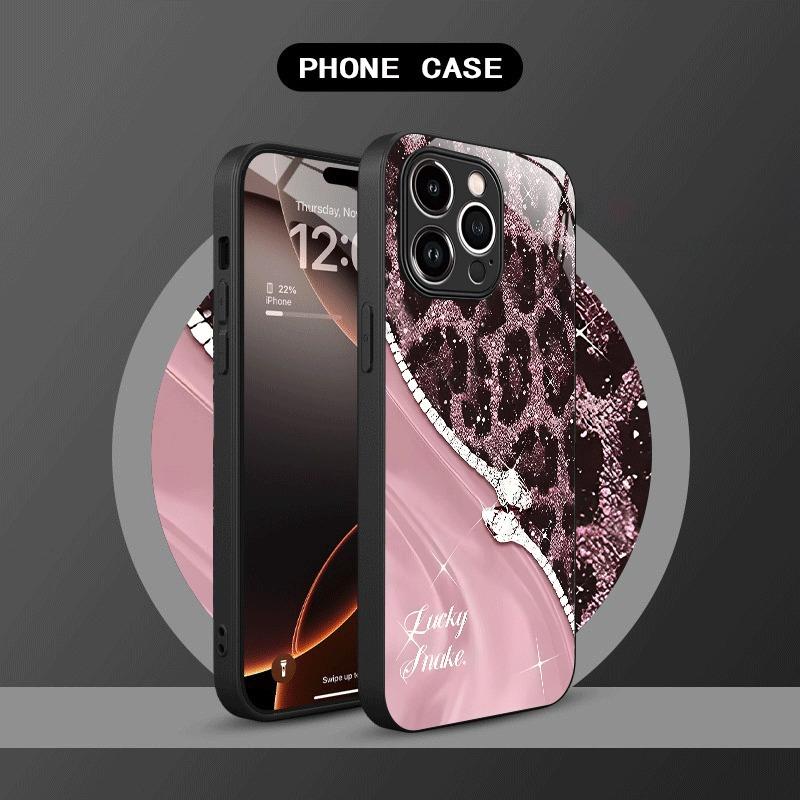 Leopard Print Rhinestone Snake Pattern Glass Phone Case For iPhone 16 17 Pro Max 11 12 13 14 15 17Air 16E 7 8 Plus XR XS X Cover