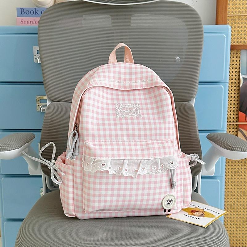 Schoolbag Korean fresh plaid corrugated backpack girl heart lace small schoolbag girls junior high school students female commuter bag