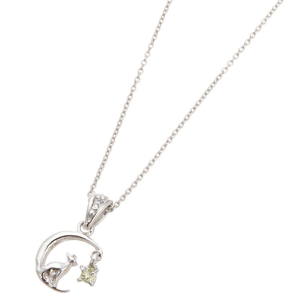 [Piena] Sterling Silver 925 Cubic Zirconia Natural Stone Crescent Moon Cat Necklace for Women (August Peridot)