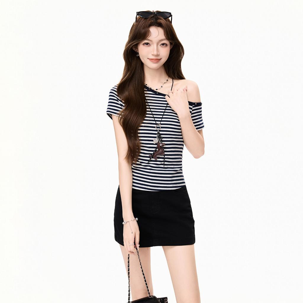 Navy blue striped diagonal neck off-shoulder short-sleeved T-shirt women's summer slim-fitting and thin diagonal shoulder rivet