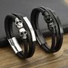 New Hand Woven Stainless Steel Skull Scalp Leather Bracelet with Punk Style Magnetic Buckle for Men's Multi-layer Leather Bracelet