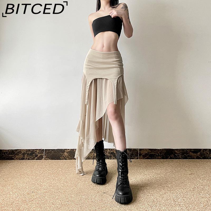 BITCED Summer Women's Solid-Color Slim-Fit Streetwear High-Waisted Asymmetric Skirt
