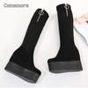 12CM Absatz erhöhend Schwarz Lange Stiefel Keilabsatz Hohe Absätze Plateau Dicke Sohle Stretch Kniehoch Damenstiefel Botas Mujer Herbst