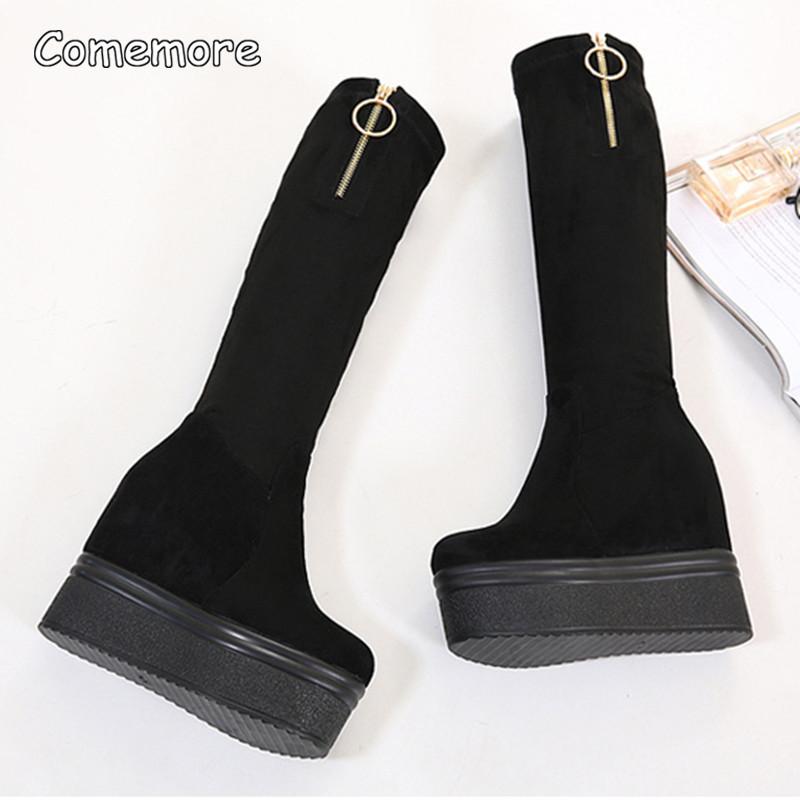 12CM Absatz erhöhend Schwarz Lange Stiefel Keilabsatz Hohe Absätze Plateau Dicke Sohle Stretch Kniehoch Damenstiefel Botas Mujer Herbst