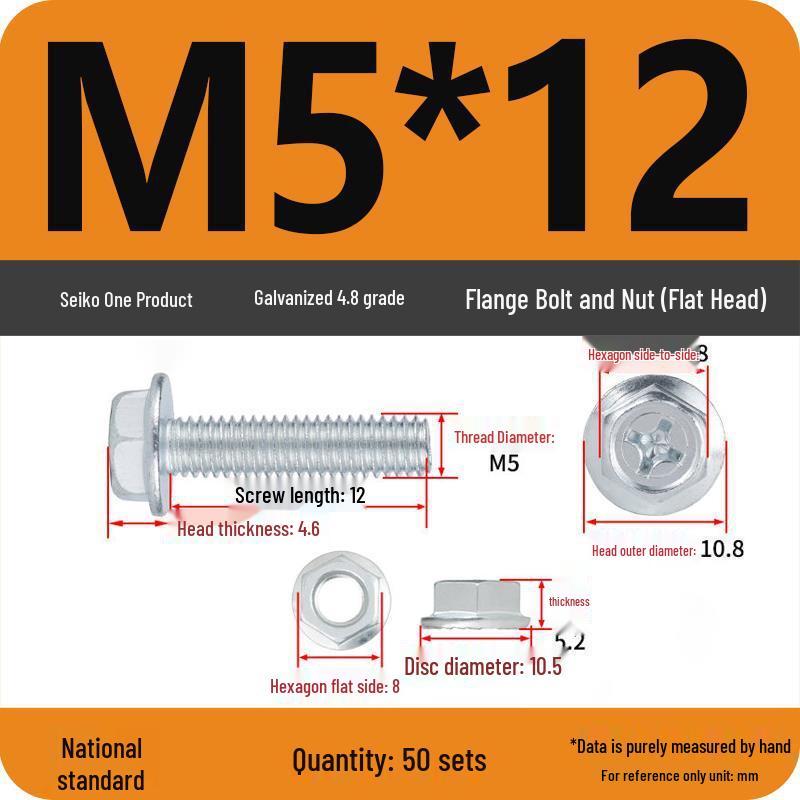 4.8 Grade Galvanized Hex Bolt Set with Anti-slip Washer & Nut, Cross Flange Head, M4/M5/M6/M8mm