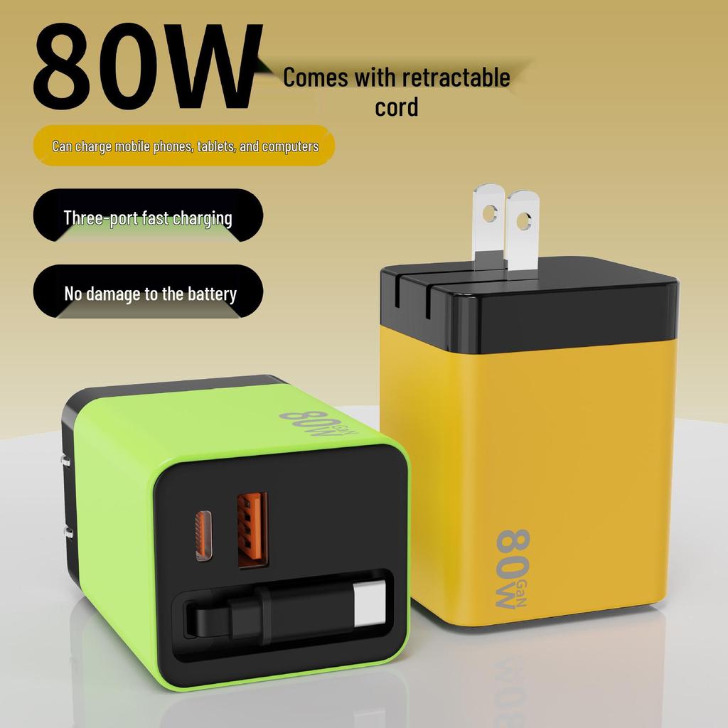 GaN Dual-Port Fast Charger with Foldable Retractable Cable for Apple, Huawei, Xiaomi