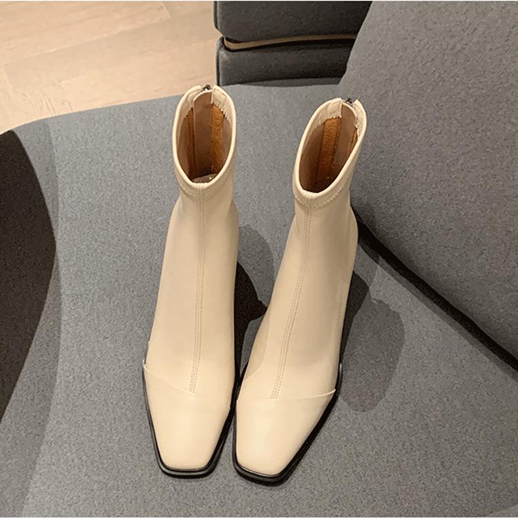 Square Head Splicing Thick Heel And Ankle Boots Temperament High Heel Elastic Short Boots Women'S Versatile Comfortable Soft Skin Thin Boots