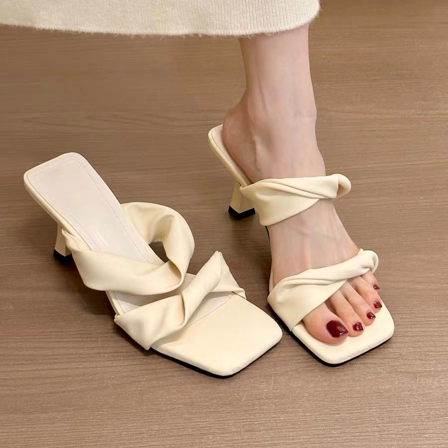 Fashion Square Toe Slippers Women Sandals High Heels Shoes Loafers 2025 Trend Summer Shallow Dress Pumps Flip Flops Sandalias De Mujer