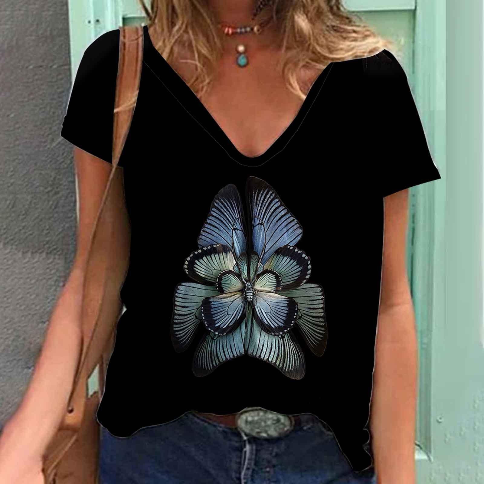 Женские футболки с V-образным вырезом и коротким рукавом с 3D-принтом и принтом бабочки — фото 11