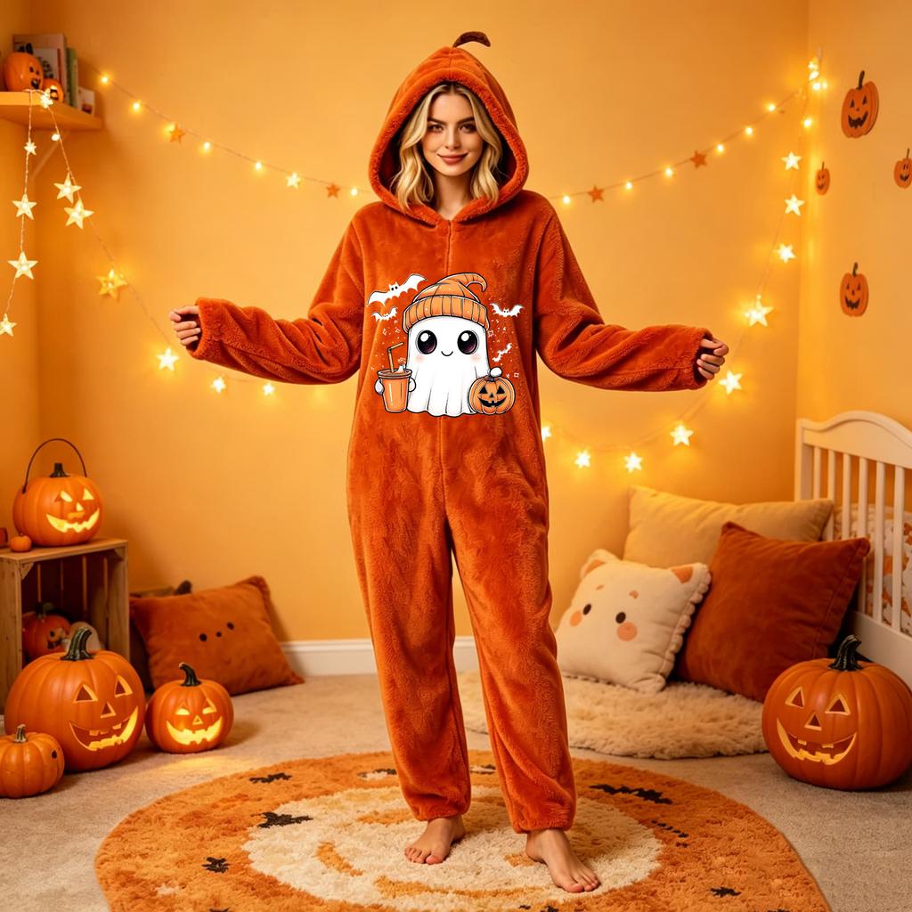 Dames Halloween Print Flanellen Jumpsuit Loungewear Set voor Gezellige Huis Slaapkleding
