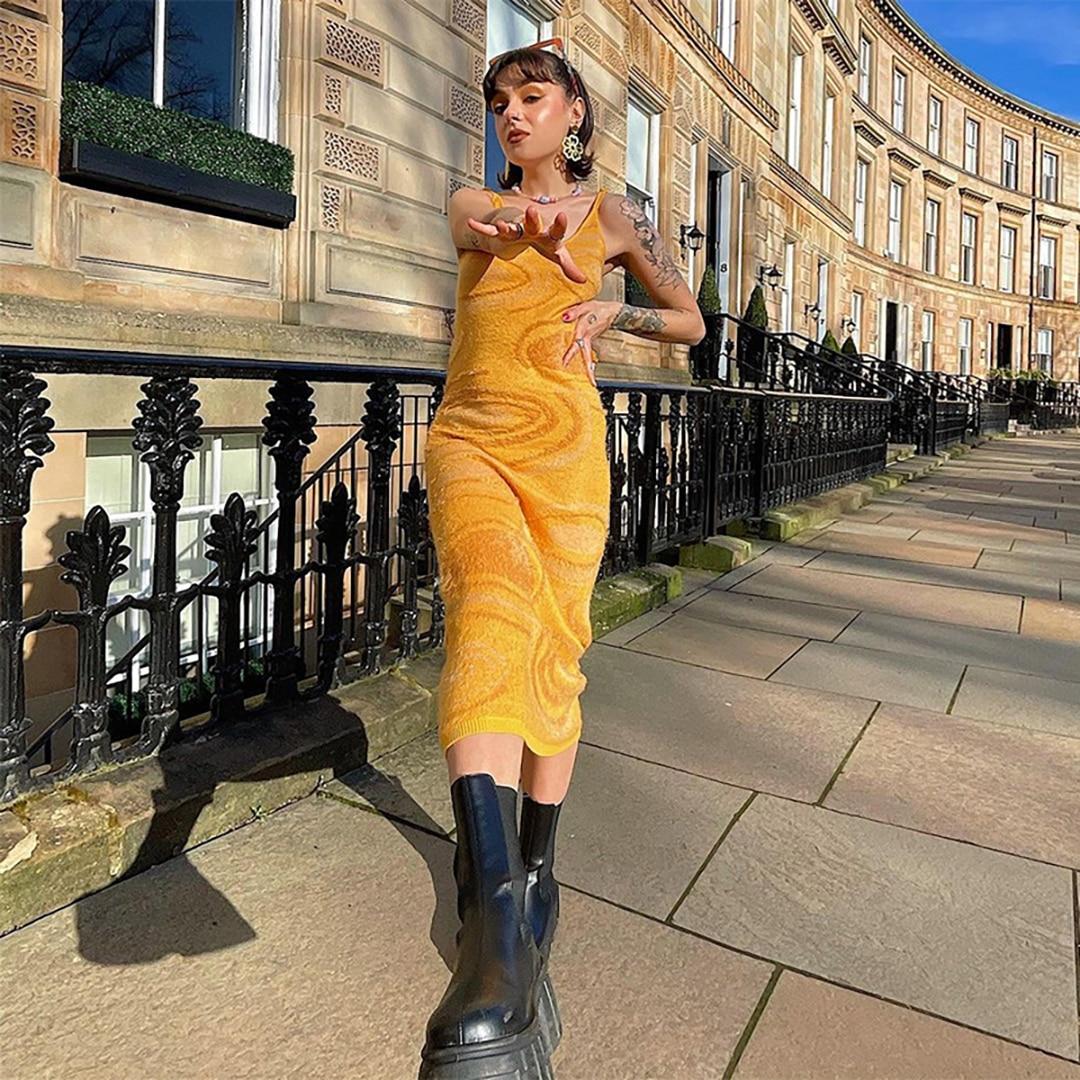 

Платье с открытыми плечами от собственного бренда, летнее, пляжное, облегающее, с бретелями-спагетти, сексуальное, вязаное, с узором пейсли и ажурной вязкой, женское M жёлтый