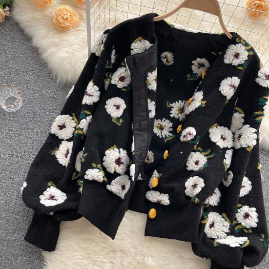 Women Coat Cardigan Single-breasted Long Sleeves Flower Elegant Keep Warm Elastic Cuff