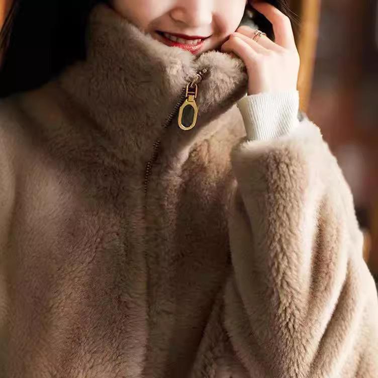Winter Coral Fleece Jacket Casual Plush Plush Thickened Stand-up Collar Sweater Outer Wear Loungewear Thermal Pajamas Women