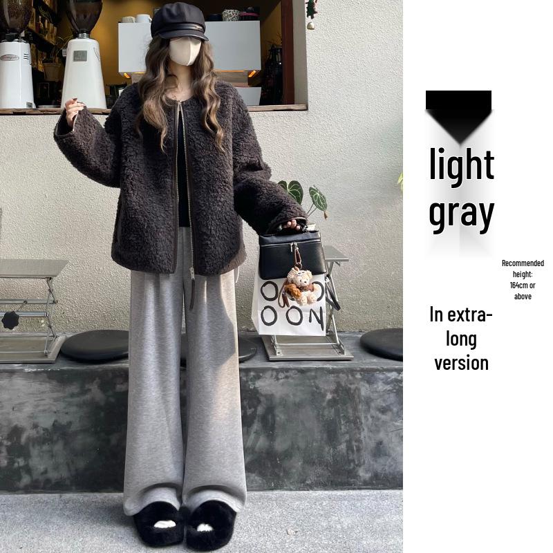 

Women s High-Waisted Coffee Petite Wide-Leg Pants, Fleece-Lined for Autumn/Winter 2025, Loose Fit with Good Drape, Casual Style. L