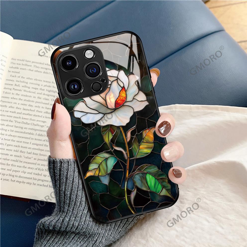 New artistic white rose for Apple 17pro flower mobile phone case 16 all-inclusive glass protective case