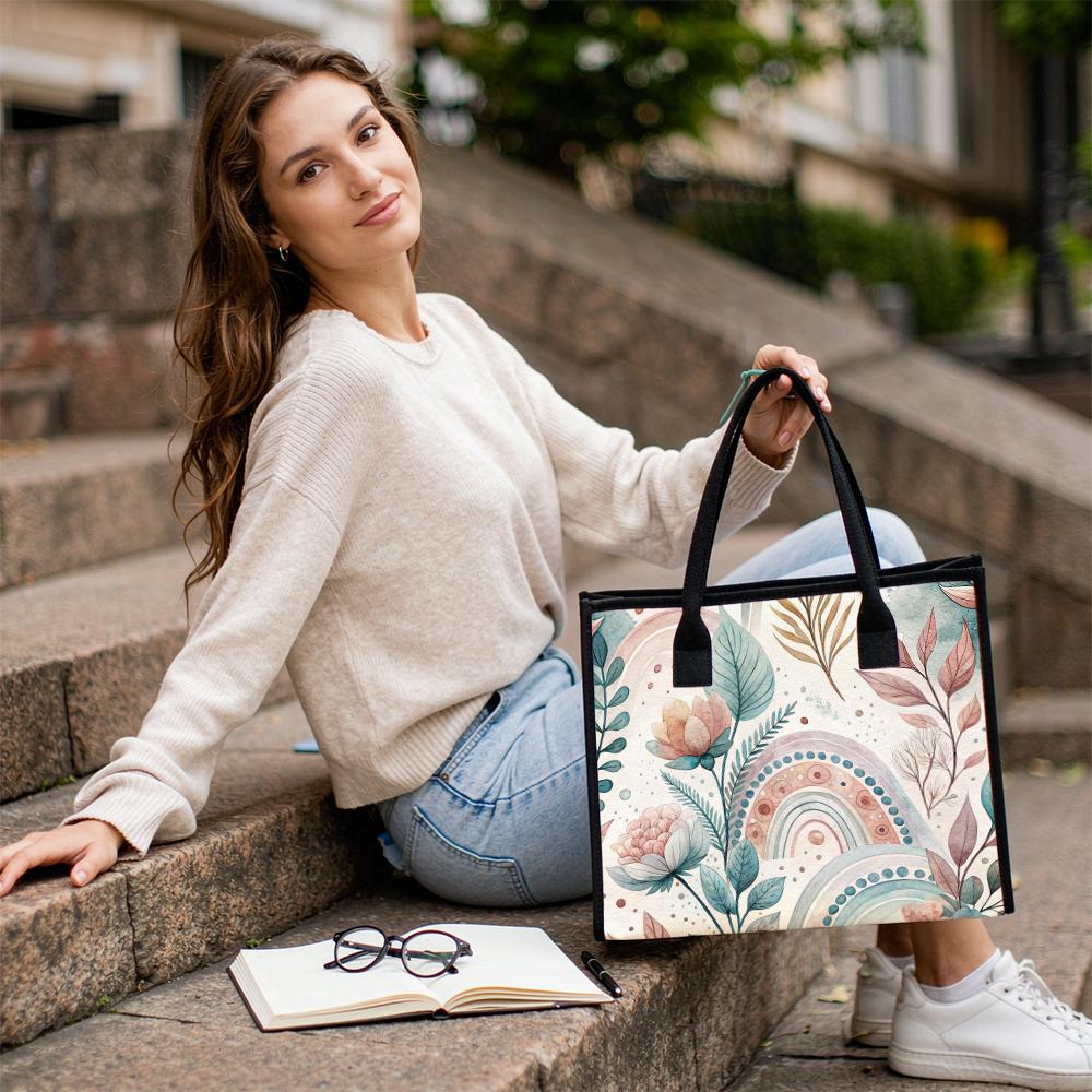 Boho Floral Printed Tote Bag Lightweight Fashion Casual Daily Handbag for Women Shopping Travel Outdoor Use