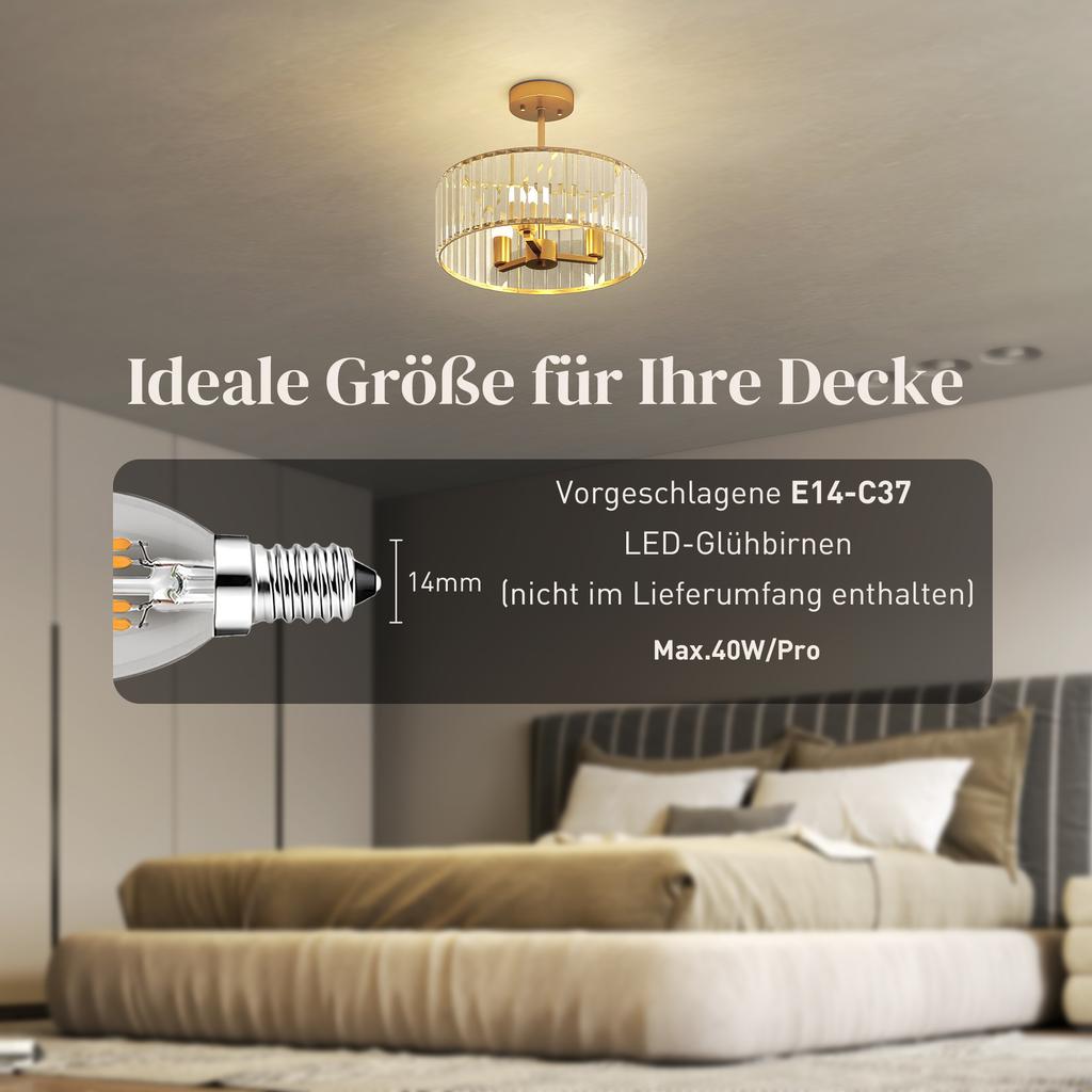 Ceiling Lamp, Chandelier Design, Crystal Shade, 3 Light Bulbs, Metal, Gold-Colored