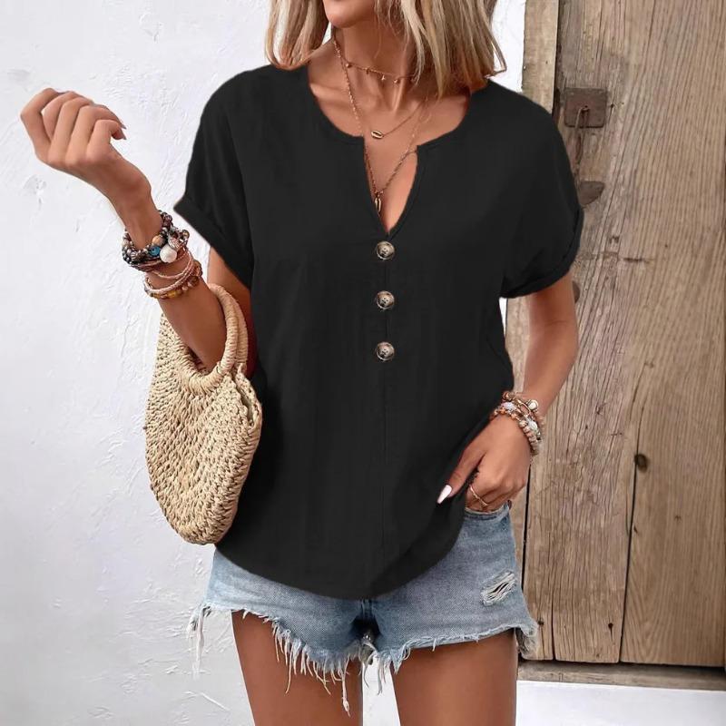 Sommerskjorte for kvinner, avslappet, V-hals, knapper, korte ermer, ensfarget skjorte
