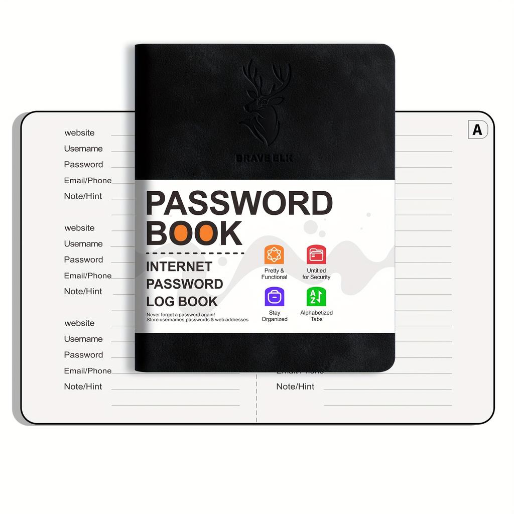 Bezpieczny dziennik w oprawie ze sztucznej skóry z dużym drukiem i zakładkami alfabetycznymi – zapobiega kradzieży tożsamości, bezpieczne przechowywanie haseł