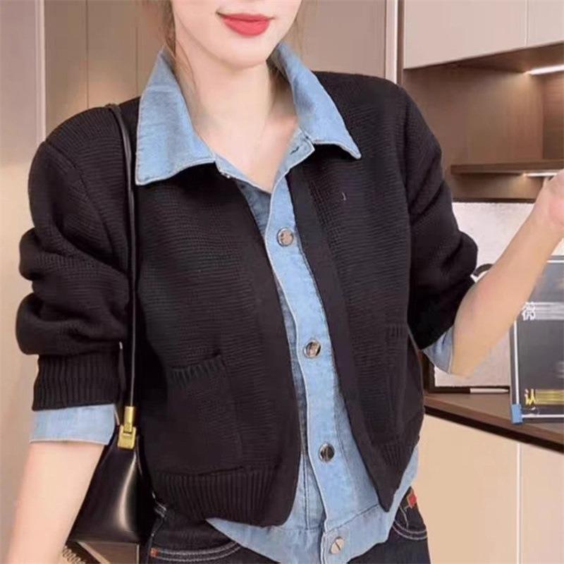 2025 autumn new splicing fake two-piece striped sweater knitted sweater women's versatile meat-covering and thin cardigan jacket