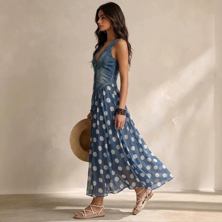 2026 Independent Station European and American fashion casual printing imitation denim top polka dot skirt