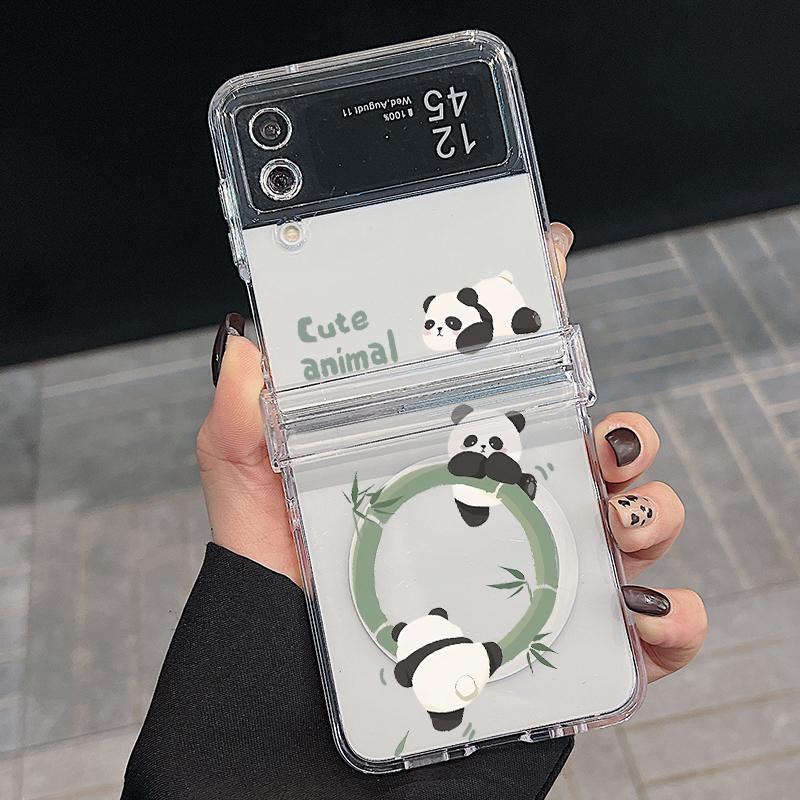 3 STÜCKE Faltbare Stoßfeste Hülle für Samsung Z Flip6 Flip5 Flip4 für Magsafe Magnetisch Cartoon Pandas Muster Transparent Hartes PC Slim Case Abdeckung