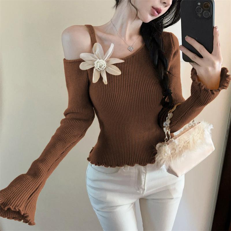 Irregular Oblique Neck Three-dimensional Flower Knitted Sweater Suspender Off-Shoulder Spice Girl Fungus Edge Sweater Women's Versatile Sweater