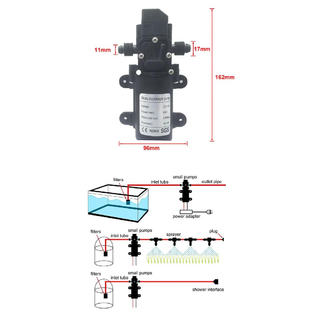 DC12V 60W 120PSI 5L/MIN Agricultural Electric Water Pump Black Micro High Pressure Diaphragm Water Sprayer Car Wash